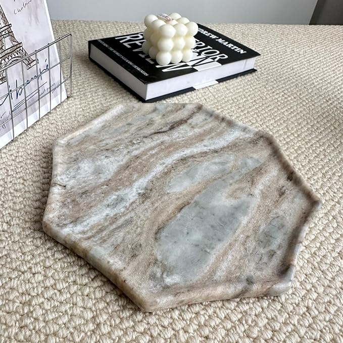 Real Natural Marble Octagon Tray 10.2in Solid Stone Decorative Plate | Luxury Grey Marble Decor Tray for Candle, Jewelry, Plant. Food-Safe Solid Stone Serving Dish with Unique Veining