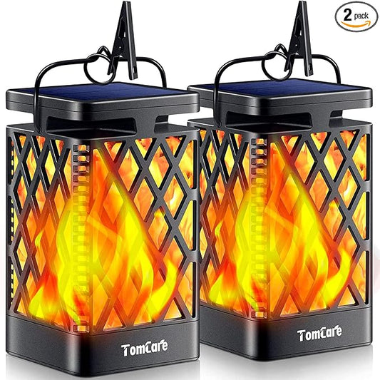 TomCare Solar Lights Outdoor Flickering Flame Solar Lantern Outdoor Hanging Lanterns Decorative Outdoor Lighting Solar Powered Waterproof LED Flame Lights for Patio Garden, 2 Pack(Black)