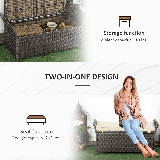 Outsunny 29 Gallon Patio Wicker Storage Bench, Outdoor PE Rattan Furniture, 2-in-1 Large Capacity Rectangle Garden Storage Box with Handles and Cushion, Cream White