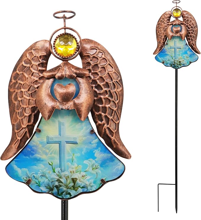 Solar Angel Garden Stake Light 32in, Iron Outdoor Decor with LED Cross Glass, Waterproof Memorial Yard Art, Easy Assembly Pathway Lighting for Patio Lawn