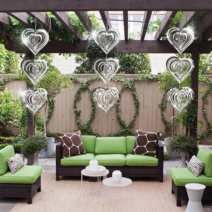 9 Pack Heart Shaped Mirror Reflective Hanging Wind Spinners, Stainless Steel 360° Swivel Decorative Discs, Weather Resistant Outdoor Ornaments for Yard, Patio, Balcony & Garden