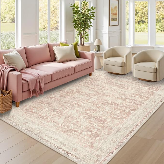 Latte&Fog Washable Area Rugs for Living Room 5x7 Pink Rug for Girls Bedroom | Non Slip Low Pile Soft Floral Cute Carpet for Dining Kitchen Kids Playroom Nursery Guest Room Classroom Dorm Farmhouse Office