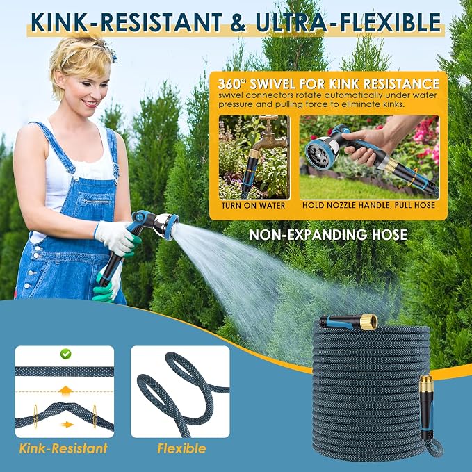 Non-Expandable Garden Hose 25 FT, Lightweight Hose with 10 Function Spray Nozzle, Kink-Free Flexible Water Hose, Durable, Leak-Proof, 360° Swivel Connectors, Portable Storage Strap