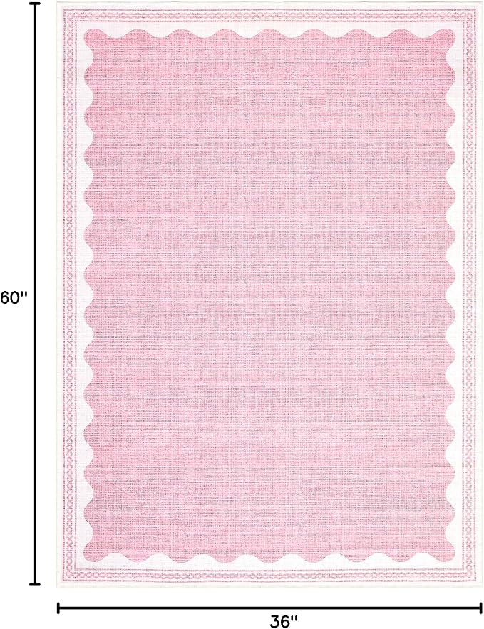 GarveeHome Scalloped 3x5 Washable Rug Non-Slip Low-Pile Indoor Rugs for Entryway Solid Pink Modern Minimalism Carpet for Bedroom Living Room Kitchen Bathroom Indoor Mat