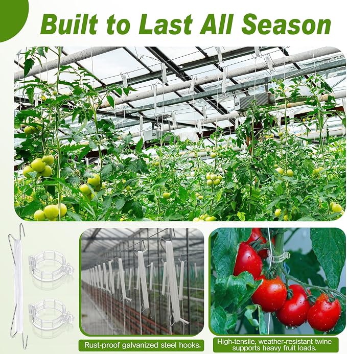 Hushee 100 Pack Tomato Hooks with 200 Garden Clips & 32.8ft String, Tomato Hooks for Climbing Plants, Heavy Duty Plant Support Kit for Greenhouse, Vegetable Plant Fruit Flower