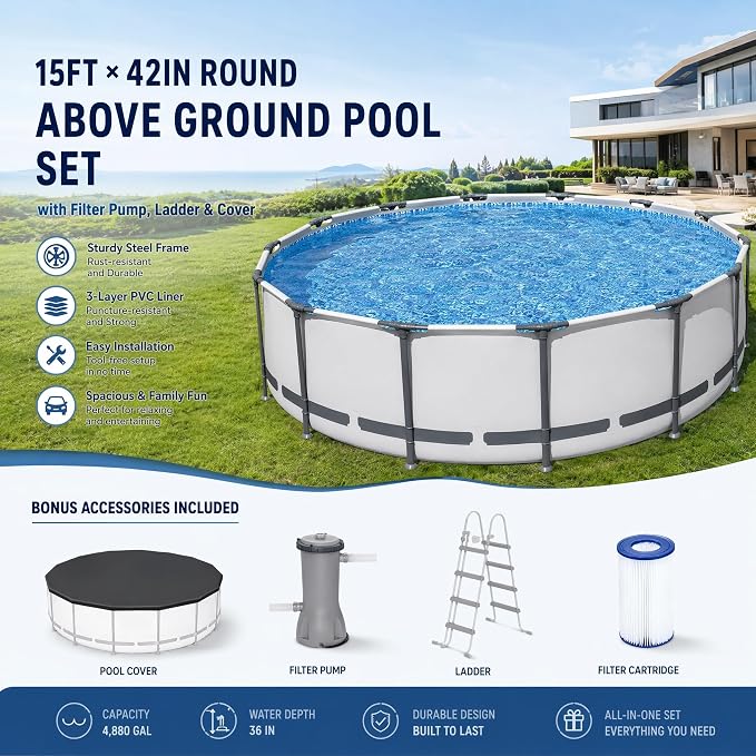 Above Ground Pool 15ft x 42in Steel Frame w/Pump Ladder Cover | 15x48ft, steel frame rust-proof, tool-free setup, 1000gal timer pump, ladder, cover, spare filter. 3-layer PVC liner.