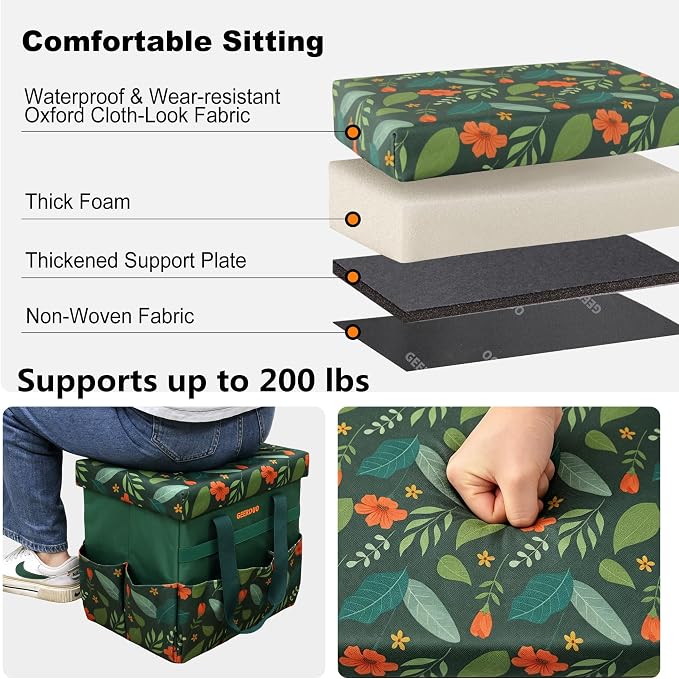 30L Collapsible Garden Seat & Storage Box, Heavy Duty Floral Organizer Bag with 10 Side Pockets, Portable Foldable Stool for Camping, Picnic, Car Trunk and Home