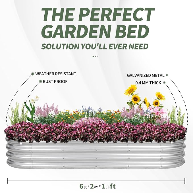 1MORE Galvanized Raised Garden Bed- Planter Garden Boxes Outdoor, Raised Beds for Gardening, 6x2x1ft Metal Garden Bed Kit for Vegetables Flower, Planter Raised Beds with Protective Tape & Tools.Silver