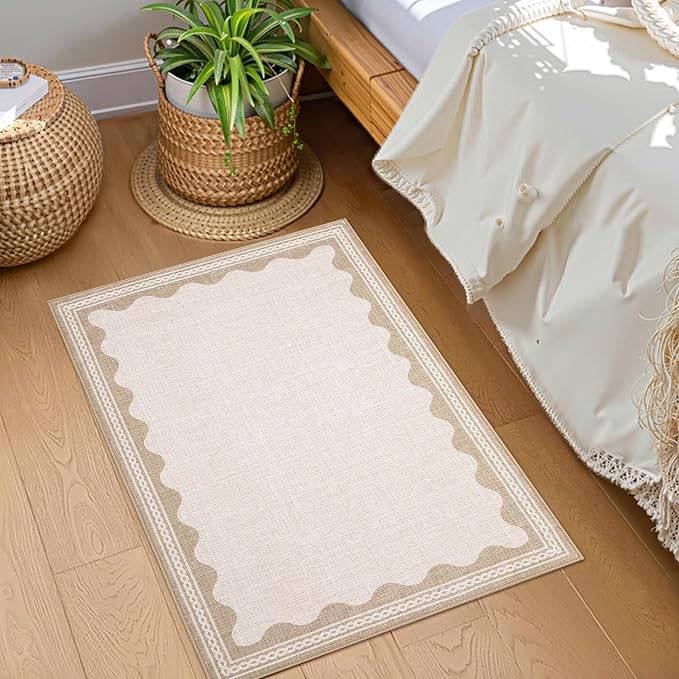 GarveeHome Scalloped Door Mat Indoor Rugs for Entryway Small Rug 2x3 Washable Non-Slip Solid Beige Modern Soft Low-Pile Throw Carpet for Bedroom Kitchen Bathroom Entrance