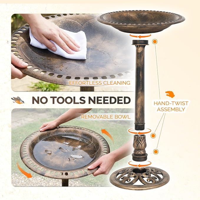 VINGLI Pedestal Bird Bath with Solar Fountain, Solar Pump Resin Birdbaths, Weather Resistant Bird Baths with Ground Stakes, Vintage Finish Garden Decor for Outdoor, Patio, Yard, Lawn (Copper-2.5W)