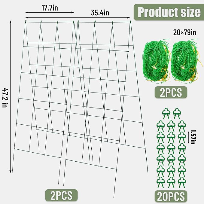 Pack 2 Heavy Metal Garden Trellis for Climbing Plants with Trellis Netting & Garden Clips, A-Frame Cucumber Trellis for Raised Bed