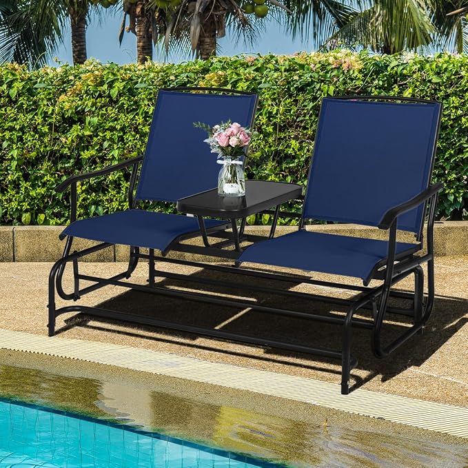 Giantex Outdoor Glider, Rocking Chair with Metal Frame, Center Tempered Glass Table, 2-Person Loveseat, Patio Glider Bench, Outside Swing Chair for Garden Yard Lawn Porch Patio Rocker (Navy)