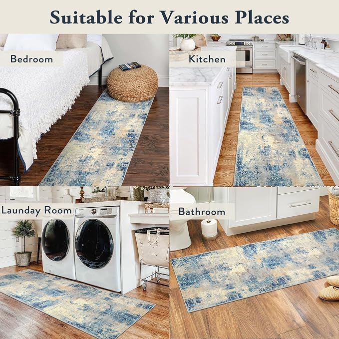 Lahome Modern Abstract Blue Bathroom Rug, 2x6 Washable Long Hallway Rug Soft Non Slip Blue Floor Accent Carpet Runner for Entryway Kitchen Laundry Room Doorway Bedroom