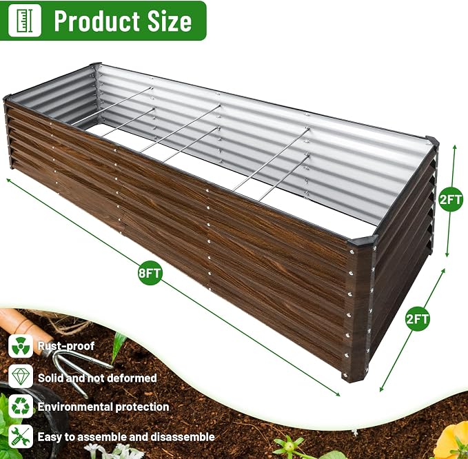 SnugNiture 2-Pack 8x2x2FT Galvanized Raised Garden Bed Kit, Metal Planter Box for Planting Plants Vegetables, Brown