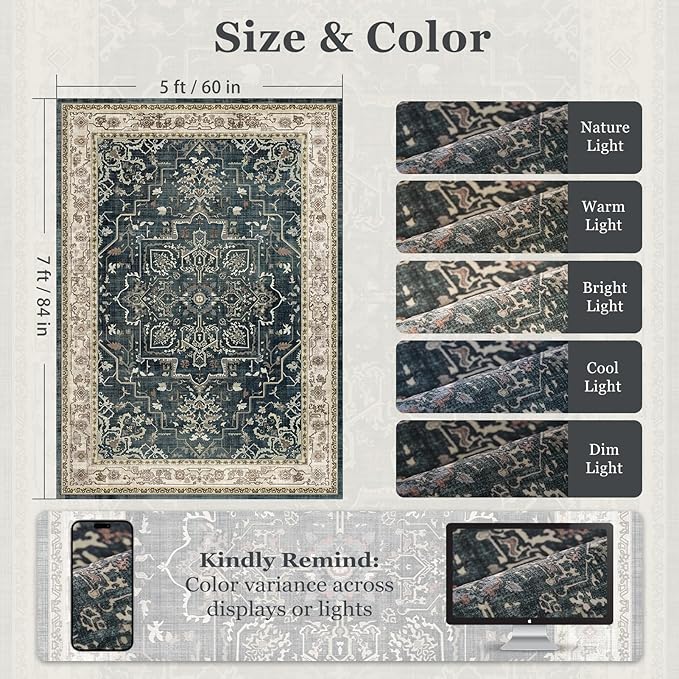 Distressed Vintage 5x7 Area Rugs for Living Room Bedroom Non Slip Washable, Medallion Pattern Printed Low Pile Farmhouse Carpet Rugs for Dining Room/Kitchen/Home Office, Midnight/Multi