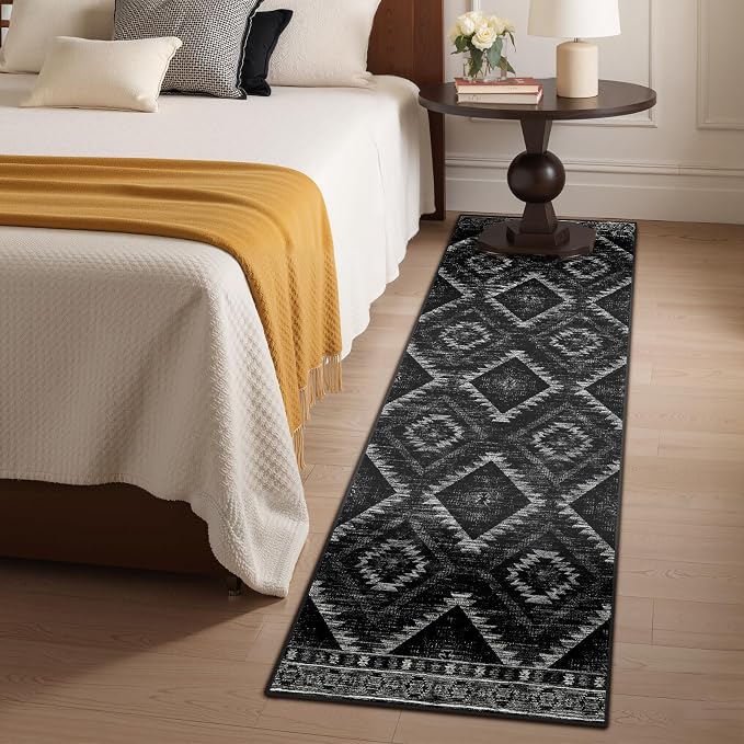2'x6' Washable Area Rug for Living Room Runner Black | Soft Western No Slip Low Pile Print Foldable Indoor Small Rug for Kitchen entrance entryway hallway