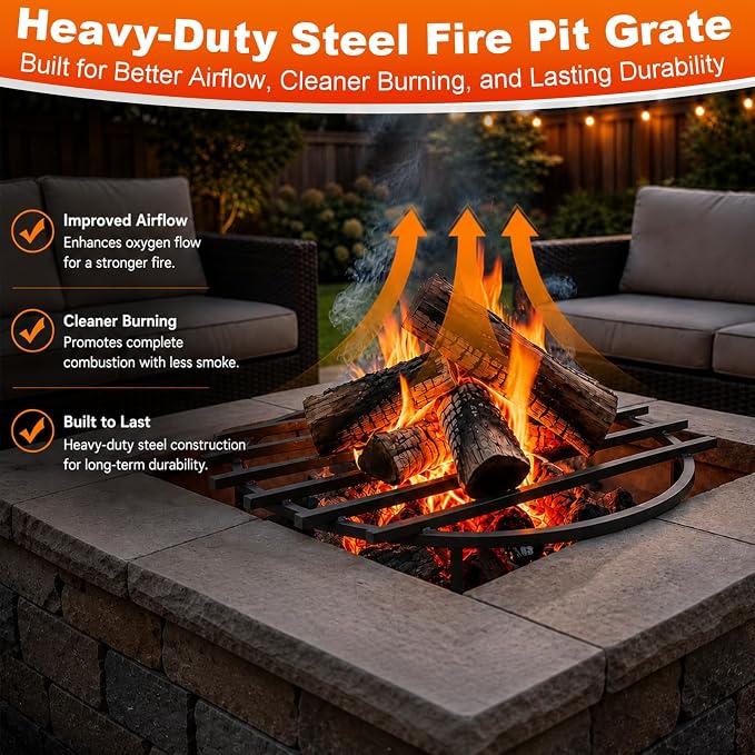 24 Inch Fire Pit Grate Round Heavy-Duty Solid Steel Fire Pit Grate with Elevated Legs, Multi-Functional Log Holder for Fireplace Outdoor Camping, Backyard Barbecue, Cooking