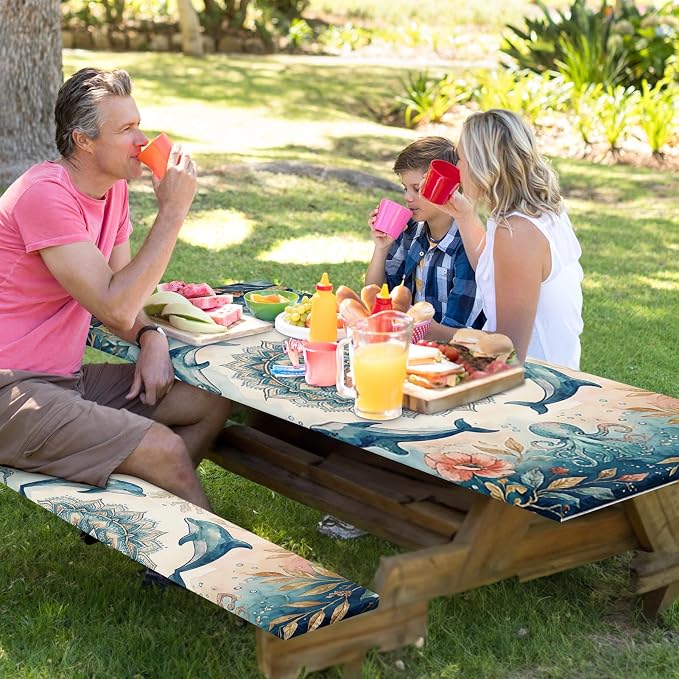 Picnic Table Cover with Bench Covers Elastic Edges, Coastal Camper Fitted Table Cover, Outdoor Camping Essentials 72 Inch 3PCS, Waterproof Camping Fitted Tablecloth with Drawstring Bag
