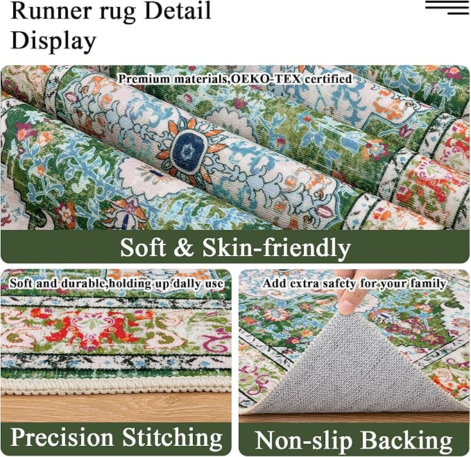 U'Artlines 3'x10' Boho Hallway Runner Rug Non Slip Washable Runners,Green | Vintage Farmhouse Kitchen Rug Accent Area Carpet for Entryway Laundry and Living Room