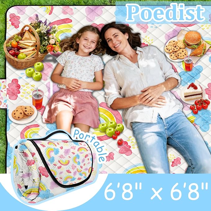 Extra Large Picnic Blanket Waterproof,80"x 80"Foldable Machine Washable Beach Blanket,Outdoor Blanket for 6-8 Adults,Picnic Mat Suitable for Indoor Crawling,Park Beach,Camping,Hiking,Travel (Rainbow)