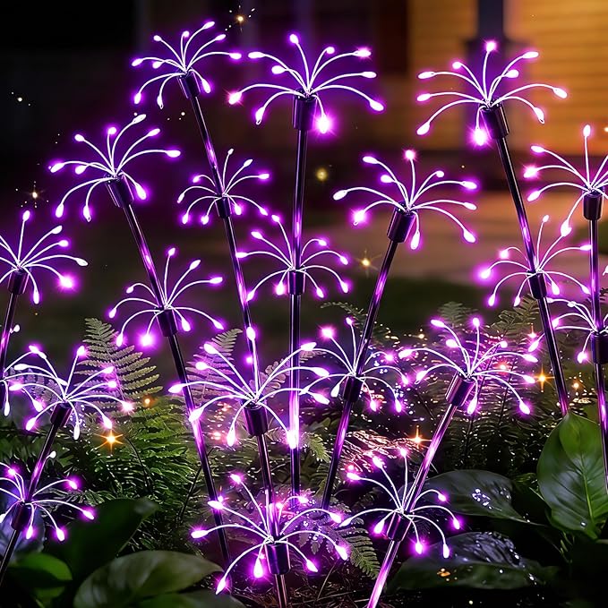 Solar Garden Lights Outdoor, 8 Pack 2-Layer Purple Solar Firework Lights, Waterproof Starburst Fairy Light Garden Decor for Yard Patio Pathway Lawn, Unique Gifts for Women Mom Grandma Mother's Day
