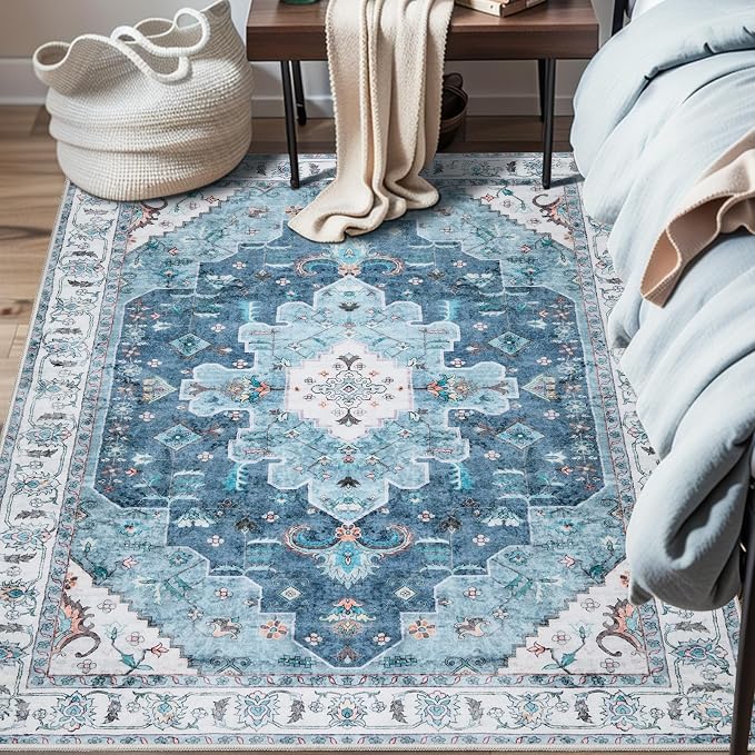 SERISSA 3x5 Washable Non Slip Boho Area Rug for Bedroom | Ultra Soft Vintage Oriental Carpet Low-Pile Distressed Blue Throw Rug Carpet for Living Room Nursery Kitchen Dorm Decor