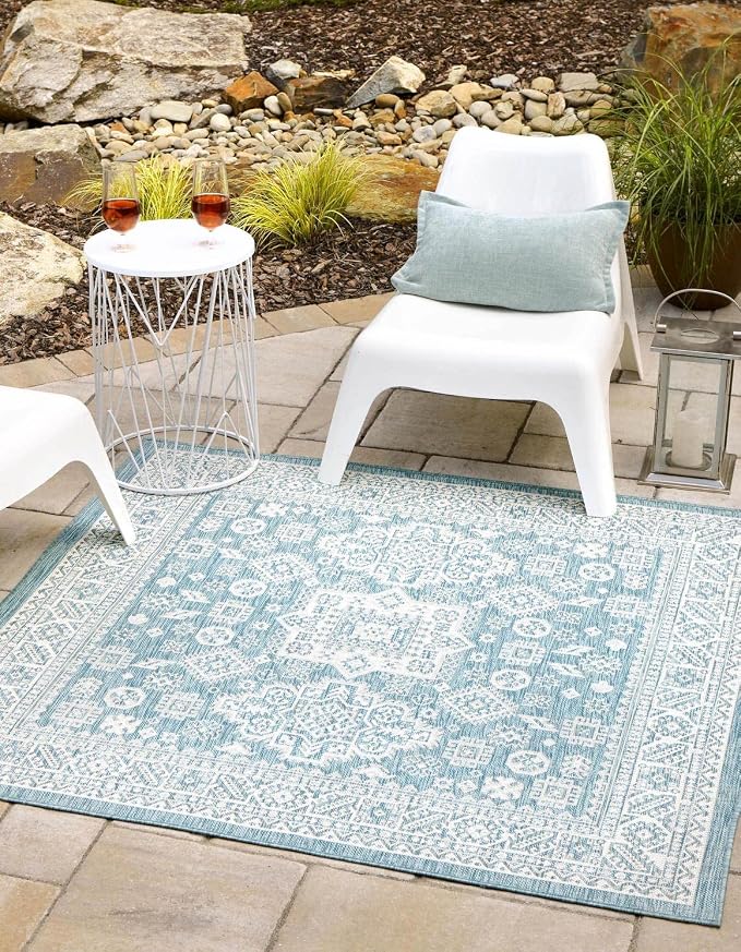 Unique Loom Outdoor Aztec Collection Area Rug - Chalca (10' Square, Aqua/ Ivory)