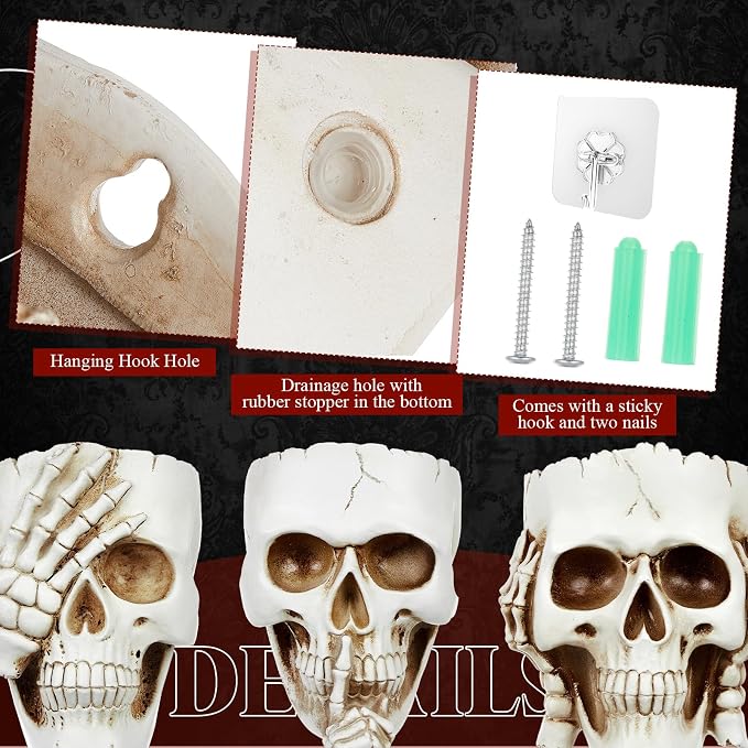 3 Pcs Skull Planter Skeleton Wall Hanging Planter Pot Gothic Spooky Head Face Flower Pot Garden Decor for Festival Party Indoor Outdoor Plants Home Garden Office Decorations(White)