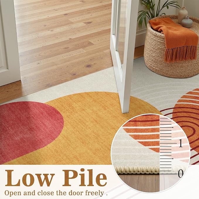 DCX Abstract Washable 2x3 Rug, Non Slip Low Pile Rug, Orange & Yellow | Rugs for entryway, bedroom, dining room, office, soft, mid century modern rug, sain resistant indoor carpet, home decor