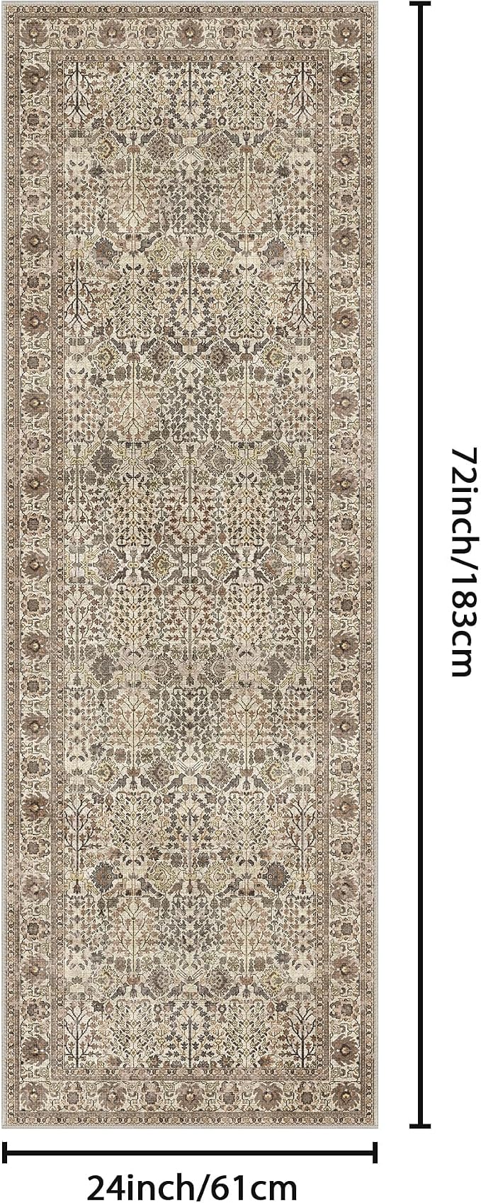 2x6 Kitchen Runner Rug, Washable Non Slip, Dark Espresso | Vintage Floral Design, Spill Resistant Lightweight Low Pile Carpet for Hallway, Bedroom, Laundry Room, Bathroom