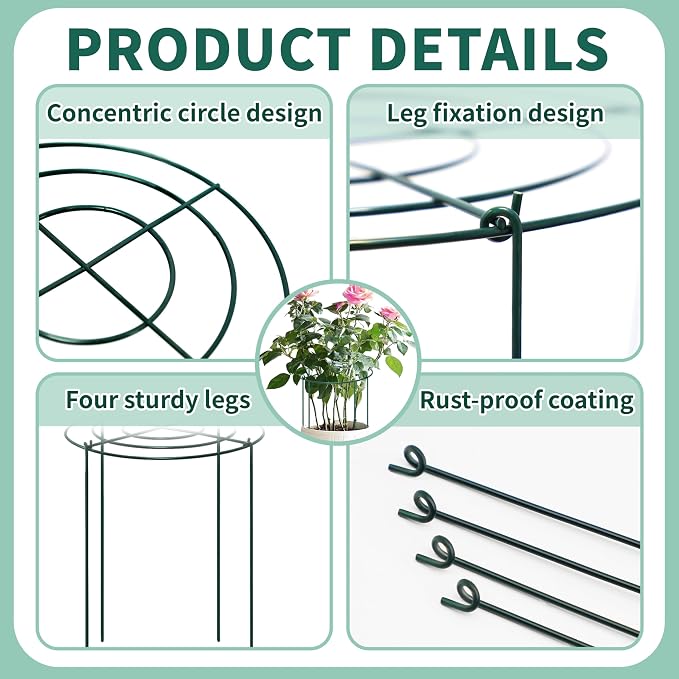 8 Sets Peony Support Cage,Heavy Duty Metal Plant Support Rings with 3.5mm Thickened Legs,10"Dia.x16"High Grow Through Hoops for Peonies and Tall Plants,Rust-Resistant Strong Support for Heavy Blossoms