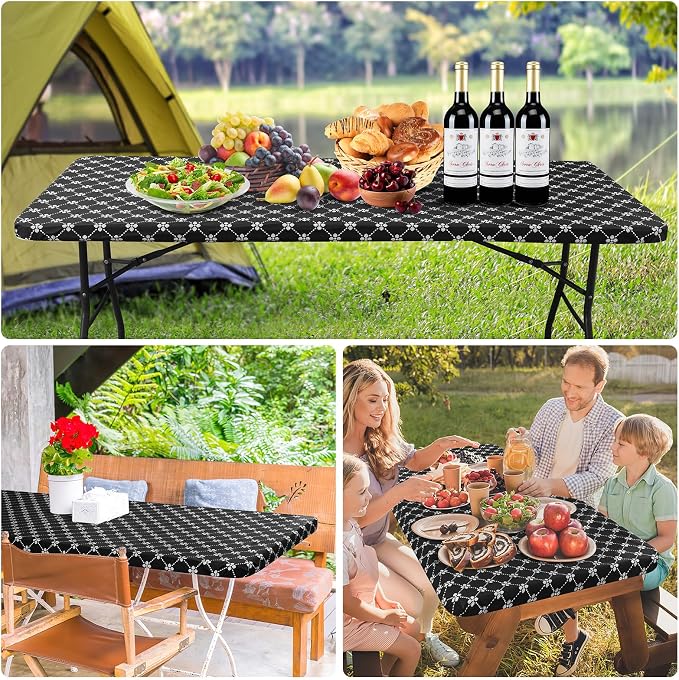 misaya Square Vinyl Table Cloth, Elastic Fitted Tablecloth with Flannel Backing, Waterproof Plastic Table Cover Fits Folding Tables for Picnic, Camping, Indoor and Outdoor (Black, 34" x 34")