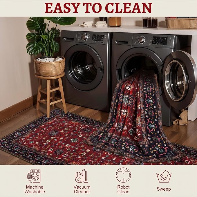 Tangsoo 2x6 Washable Runner Rug for Hallways, Oriental Non Slip Rug Runners | Vinatge Soft Low Pile Rug, Boho Print Carpet Farmhouse Hallway Runner for Kitchen Bedroom Entryway Bathroom Red Black