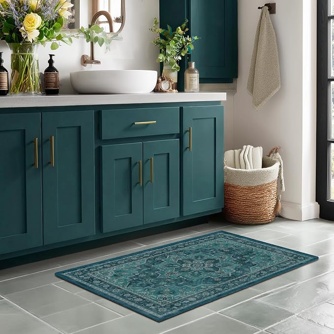 Teal 2x3 Washable Kitchen Rugs Non Slip, Boho Ultra Thin Door Mats Indoor Entrance, Vintage Medallion Classic Entryway Rug, Low Pile Small Rug for Inside Entry/Foyer/Bathroom/Bedside