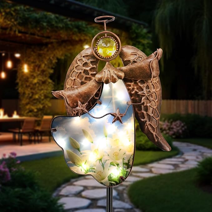 Solar Angel Garden Stake Light 32in, Iron Outdoor Decor with LED Cross Glass, Waterproof Memorial Yard Art, Easy Assembly Pathway Lighting for Patio Lawn