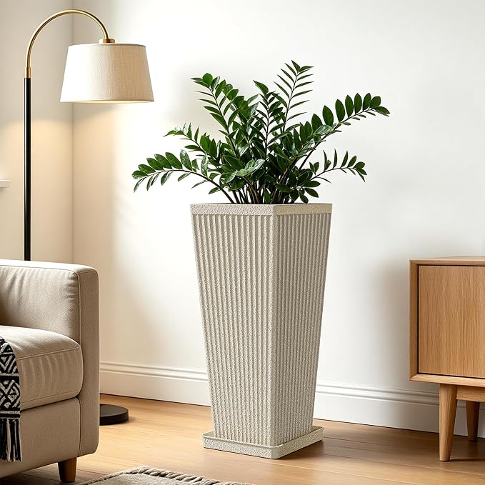 Front Porch Planters Outdoor Set of 2, 24" Tall Plastic Planters for Outdoor Plants with Drainage, Extra Large Outdoor Planter Pots, Tapered Tall Planters for Front Door & Indoor Plants, Beige