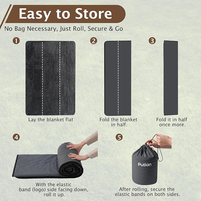 PuTian Waterproof Outdoor Blanket 79"X57" Packable, Stadium & Car Camping Blanket with Corduroy Fleece Lining, Windproof Throw for Picnic Hiking Road Trip, Machine Washable, Dark Grey 350GSM