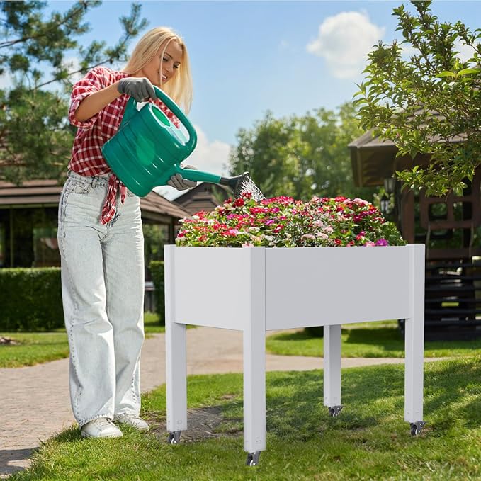 Vixzen Mobile Raised Garden Bed with Wheels, Self-Watering System,Outdoor Resin Planter Box for Vegetables, Flowers, Herbs on Patio, Balcony, Yard(Ashen, 30.04 * 17.72 * 28.9)