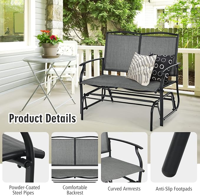 Outdoor Swing Glider Chair for 2 Persons, Rocking Seating Patio Bench w/Coated Steel Frame, Patio Loveseat for Backyard, Garden (Grey)
