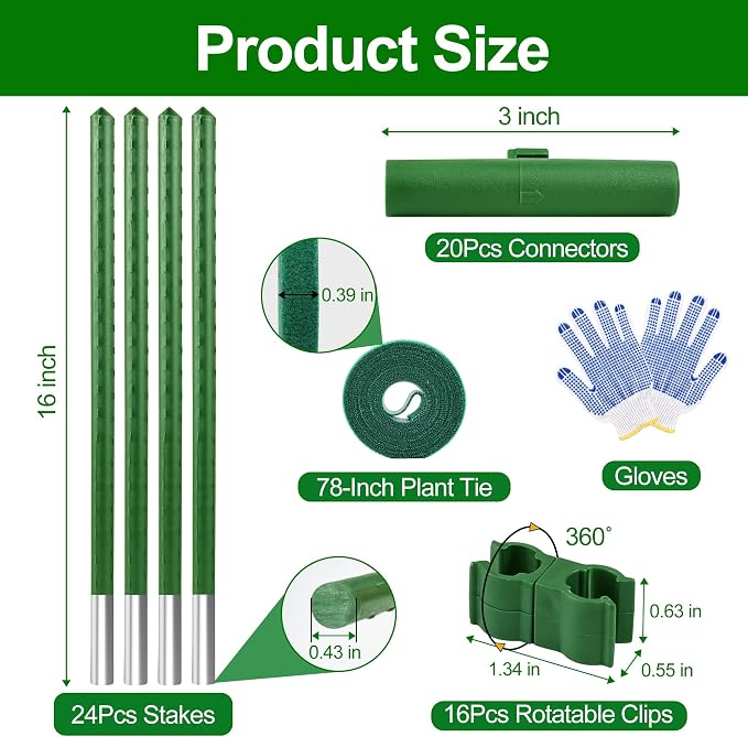 WAENLIR Garden Stakes16 Inch 24 Pack, Tomato cage DIY 4ft 5ft 6ft 7ft 8ft Plant Support Stakes with Connectors and Clips, Plastic Coated Metal Sticks for Tomato Indoor Outdoor