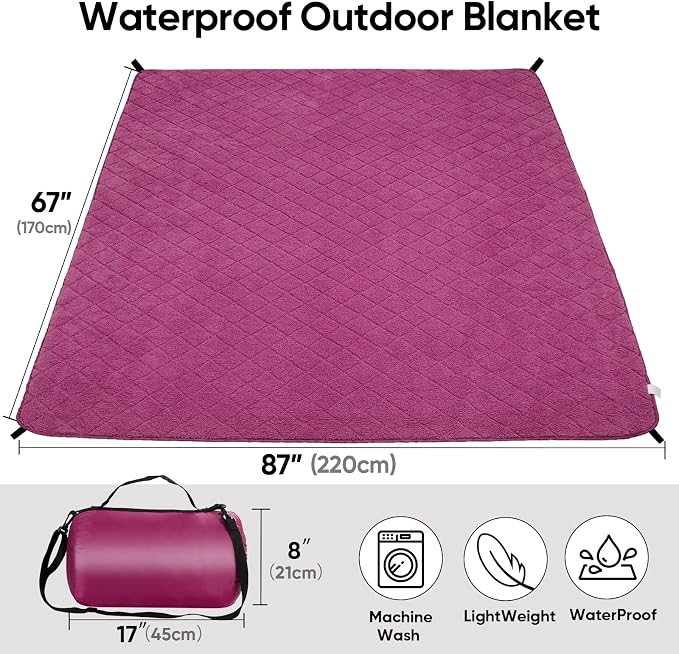 Waterproof Camping Blanket w/Sherpa Lining, Large Stadium Blankets for Outdoor Cold Weather, Windproof Emergency Throw, LightWeight and Warm for Hiking, Dog, Picnic, Washable, 55”X 82” (Purple, 1PCS)