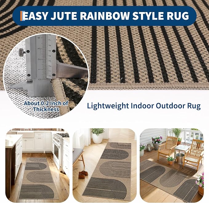 GarveeHome Modern Rainbow Easy Jute Runner Rug, 2x6 Runner Rug for Hallways - Non-Slip Indoor Outdoor Carpet, Washable for High Traffic Laundry Room, Kitchen, Entryway