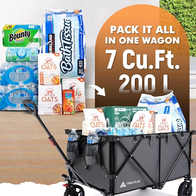 Hikenture Collapsible Wagon 330LBS Capacity, 200L Extra Large Wagons Carts | Utility Wagon for Grocery, Garden, Camping & Sports Gear; One-Hand Fold; 360-Degree Wheels; Built-In Wheel Brake