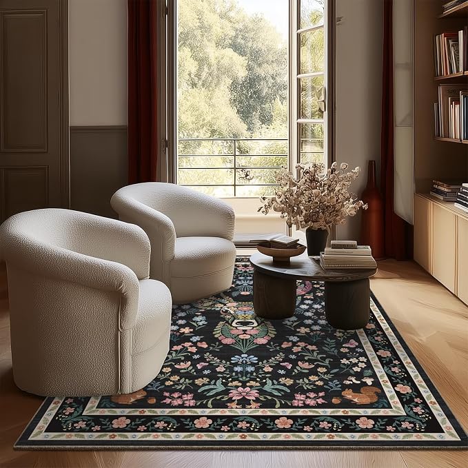 Area Rug Vintage Floral Deer Pattern 4x6 - Bohemian Forest Animal Carpet with Squirrel & Butterfly, Soft Decorative Area Rug for Living Room Bedroom Home Decor