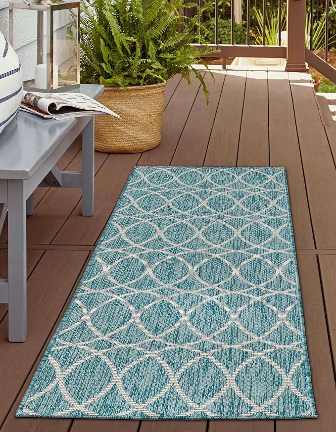 Unique Loom Outdoor Trellis Collection Area Rug - Gitter (2' 11" x 10' Runner, Light Aqua/ Ivory)