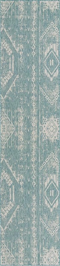 Unique Loom Outdoor Bohemian Collection Area Rug - Anthro (3' 3" x 14' 1" Runner, Light Aqua/ Ivory)