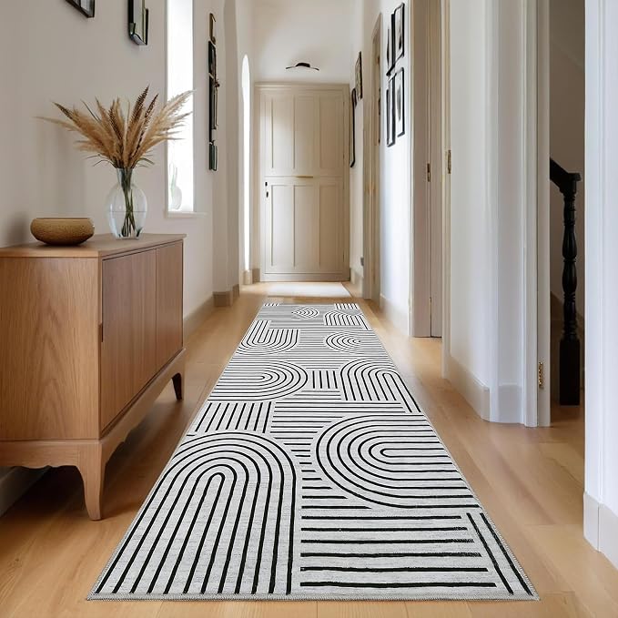 ROYHOME Modern 2x6 Hallway Runner Rug Non Slip Soft Kitchen Rug Blackwhite | Abstract Washable Mat, Rainbow Geometric Runners Rugs for Bedroom, Long Rugs for Entryway Arch Pattern Bathroom Laundry Dorm