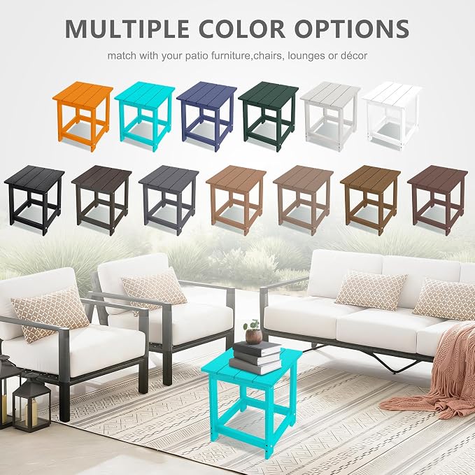LZRS Patio Side Table, Heavy Duty HDPE Outdoor End Table with Wood Texture, Weatherproof Composite Table for Adirondack Chairs, Deck, Pool, Indoor/Outdoor, No Peeling or Cracking(Turquoise)