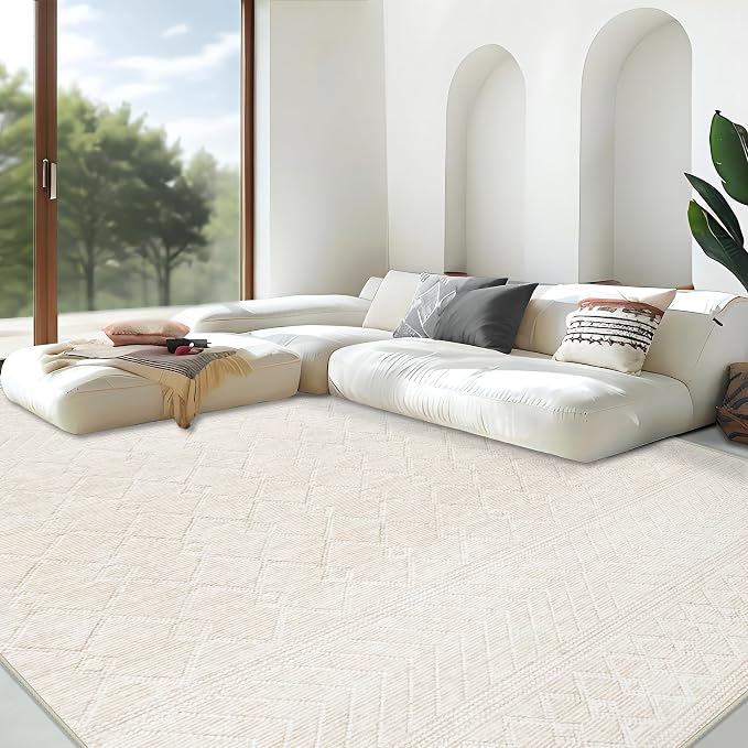 Area Rug Living Room Rugs 8x10 - Large Soft Boho Geometric Rug, Non-Slip Foldable Washable Rugs Non Shedding Morden Indoor Floor Carpet for Living Bedroom Office Dining Room(Modern Beige,8'x10')
