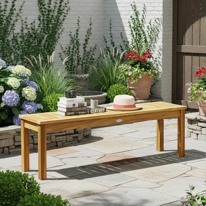 Tangkula 52 Inches Acacia Wood Outdoor Bench for Dining Room, Entryway, Poolside, Garden - Patio Backless Dining Seat with Slatted Design, Ideal for Outdoors & Indoors